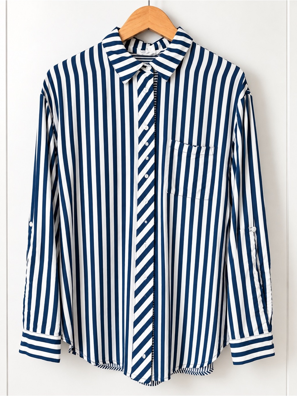 Jane + Delancey navy-and-white mixed-stripe button-up, size L/G